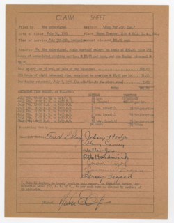 Claim sheet for unpaid salary for orchestra musicians, 1941. Creator: Unknown.