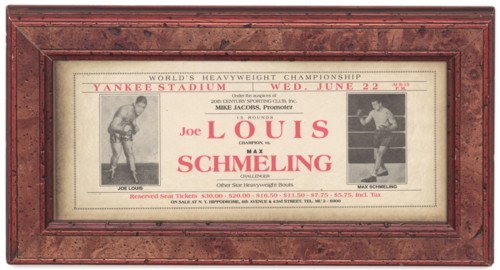 Advertisement for boxing match between Joe Louis and Max Schmeling, 1938. Creator: Unknown.