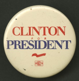 Pinback button for Clinton presidential campaign, 1992-1996. Creator: Unknown.