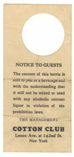 Bottle tag from the Cotton Club, 1923-1933. Creator: Unknown.