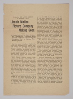 Press Release from the Lincoln Motion Picture Company, January 5, 1917. Creator: Unknown.