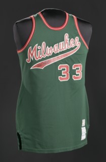Jersey for the Milwaukee Bucks worn and signed by Kareem Abdul-Jabar, 1973-1975. Creator: Sand-Knit.