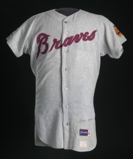 Jersey for the Atlanta Braves worn and autographed by Hank Aaron, 1968-1969. Creator: Spalding.