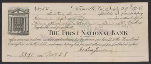 Bill of exchange between Carrie Jordan and Nelson Jordan, September 29, 1909. Creator: Unknown.
