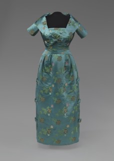 Teal blue dress and cropped jacket designed by Ann Lowe, 1950s. Creator: Unknown.