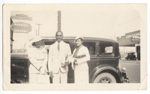 Photographic print of Mr. and Mrs. Jackson and another woman in front of car, 1926. Creator: Unknown.