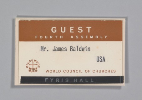 World Council of Churches guest badge for James Baldwin, July 1968. Creator: Unknown.