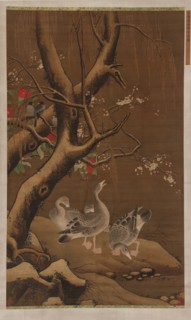A group of geese under snow-covered willow and blossoming trees, Ming dynasty, 16th-17th cent. Creator: Unknown.