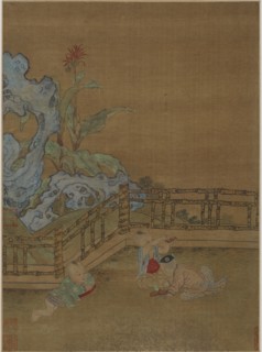 Three children playing on a garden terrace, Ming dynasty, 1368-1644. Creator: Unknown.