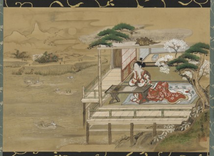 Murasaki Shikibu composing the Tale of Genji at Ishiyamadera, Edo period, 19th century. Creator: Gakutei.