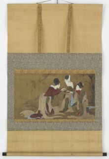 Three shirabyoshi drinking sake heated over a fire of autumn leaves, Edo period, 1800-1850. Creator: Hokuga.