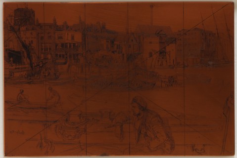 Etching plate: Black Lion Wharf, 1859. Creator: James Abbott McNeill Whistler.