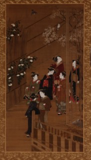 Seven women walking near a football court, Edo period, mid-late 18th century. Creator: Shunsho.