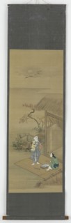Two peasant girls beating cloth outside a house, Edo period, 18th century. Creator: Shunsho.