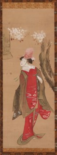 A dancer, Kiyohime, a cherry tree and the bell of Dojo-ji, late 18th-early 19th century. Creator: Hokusai.