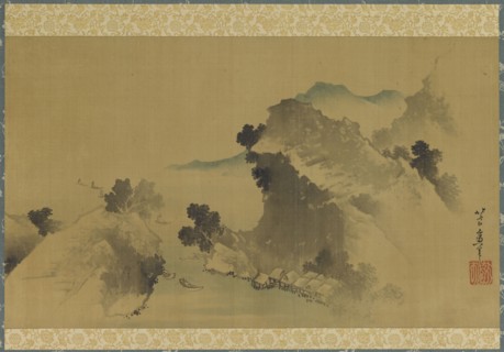 Landscape: mountains, stream and boats, late 18th-early 19th century. Creator: Hokusai.