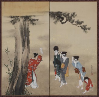 A Shinto Priest, Three Women and a Child, Edo period, ca. 1799-1801. Creator: Hokusai.