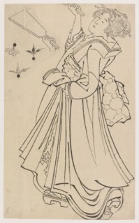 Girl playing with a battledore and shuttlecock, late 18th-early 19th century. Creator: Hokusai.