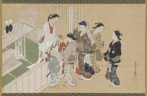 Infant's first visit to a Shinto shrine, Edo period, late 17th-early 18th century. Creator: Nishikawa Sukenobu.