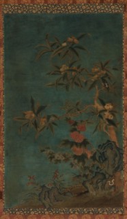 Tapestry: fruit trees and hollyhocks, Ming dynasty, 1368-1644. Creator: Unknown.
