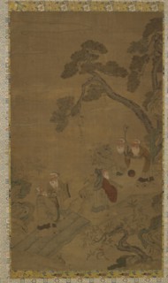 Tapestry: five sages in a garden under pines, Ming dynasty to Qing dynasty, 1368-1911. Creator: Unknown.