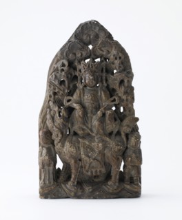 Small soapstone tablet, with pierced relief of Manjusri on lion, Period of Division, dated 543. Creator: Unknown.