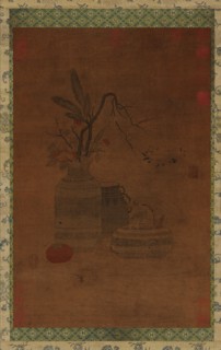Tapestry: a bowl, two jars, flowers, and fruit, Possibly Ming dynasty, 1368-1644. Creator: Unknown.