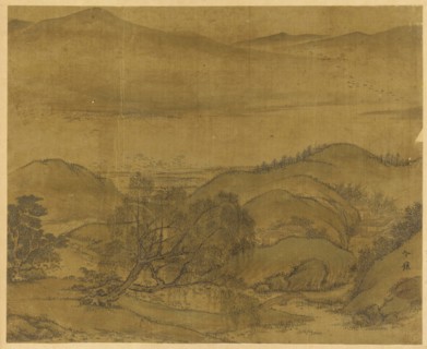 River landscape: a willow and other trees, rolling hills..., Yuan or Ming dynasty, 1279-1644. Creator: Unknown.