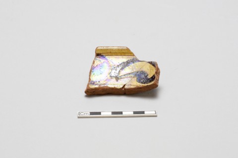 sherd, red body, white slip, yellow glaze with brown stain, Mamluk period, 1250-1516. Creator: Unknown.