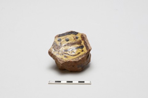 sherd, red body, white slip, yellow glaze with brown stain, Mamluk period, 1250-1516. Creator: Unknown.