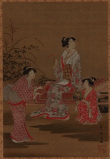 Young woman, with two girl attendants, seated in a garden, Edo period, 1615-1868. Creator: Unknown.