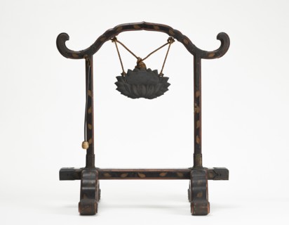 Frame for a gong with a bronze gong suspended by a cord; mallet hanging, Edo period, 1615-1868. Creator: Unknown.