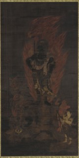Fudo Myo 'o, with attendants Kongara and Seitaka, Muromachi period, 14th-15th century. Creator: Unknown.