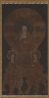 Historical Buddha Shakyamuni with the bodhisattvas Fugen..., Muromachi period, 15th century. Creator: Unknown.