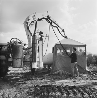 A view of welding taking place along the Fens gas pipeline, Norfolk, 10/08/1967. Creator: John Laing plc.