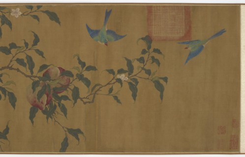 Birds among peach branches, Qing dynasty, (18th century?). Creator: Unknown.