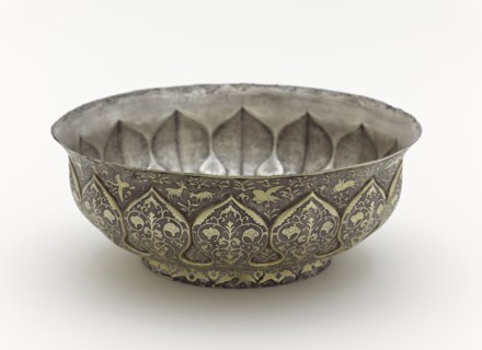 Lobed bowl with lotus petals, birds, animals..., Early or mid-Tang dynasty, late 7th-early 8th cent. Creator: Unknown.