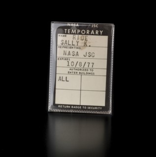 NASA JSC temporary badge belonging to Sally K. Ride, 1977. Creator: Unknown.