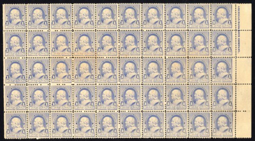 1c Franklin imprint block of fifty, 1890. Creator: American Bank Note Company.