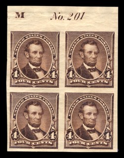 4c Abraham Lincoln proof plate block of four, June 2, 1890. Creator: American Bank Note Company.