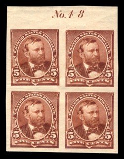 5c Ulysses S. Grant proof plate block of four, June 2, 1890. Creator: American Bank Note Company.