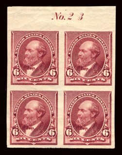 6c James A. Garfield proof plate block of four, February 22, 1890. Creator: American Bank Note Company.