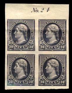 30c Thomas Jefferson proof plate block of four, February 22, 1890. Creator: American Bank Note Company.