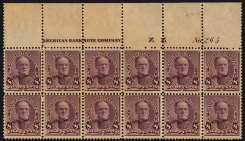 8c William T. Sherman imprint plate block of twelve, March 21, 1893. Creator: American Bank Note Company.