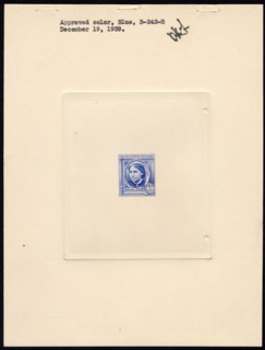 5c American Authors Louisa May Alcott die proof attached to plate proof, 14598. Creator: Bureau of Engraving and Printing.