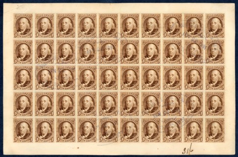 5c Franklin reproduction card plate proof sheet of fifty, 1891. Creator: Bureau of Engraving and Printing.
