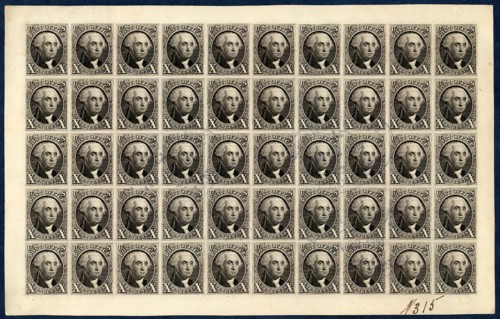 10c Washington reproduction plate proof on card sheet of fifty, 1891. Creator: Bureau of Engraving and Printing.