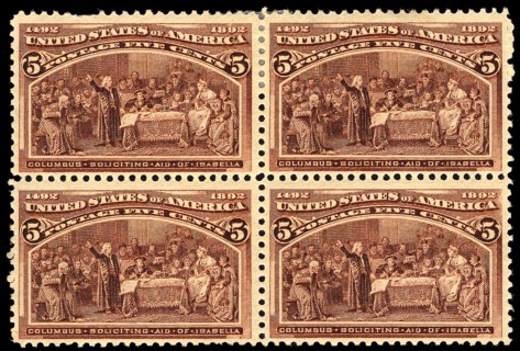 5c Columbus Soliciting Aid from Queen Isabella block of four, 1893. Creator: Unknown.