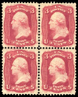 3c Washington "Premier Gravure" block of four, 1861. Creator: Unknown.