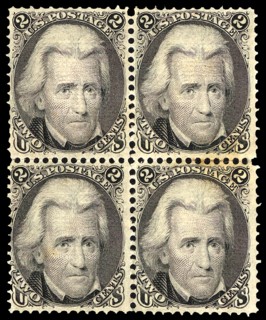 2c Andrew Jackson F Grill block of four, 1868. Creator: Unknown.